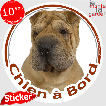 Shar-Peï fauve marron Tête, sticker autocollant rond "Chien à Bord" Disque adhésif vitre voiture photo, résiste pluie soleil gel