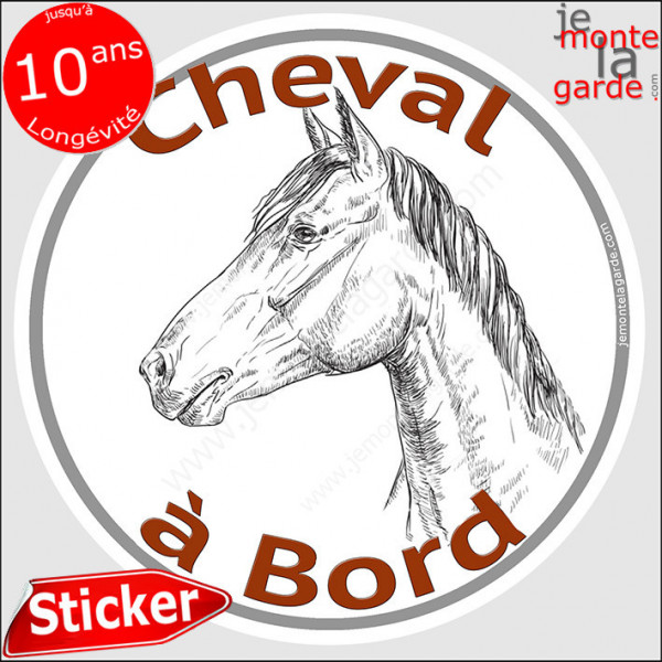 sticker rond "Cheval à Bord" humour absurde voiture van remorque chevaux photo tête Disque autocollant adhésif marrant étalon ju
