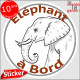 sticker rond "éléphant à Bord" humour absurde voiture remorque photo tête Disque autocollant adhésif marrant pachyderme lourdaud