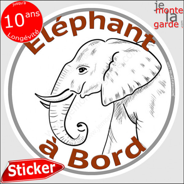 sticker rond "éléphant à Bord" humour absurde voiture remorque photo tête Disque autocollant adhésif marrant pachyderme lourdaud