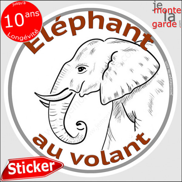 sticker rond "éléphant au volant" humour absurde voiture remorque photo tête Disque autocollant adhésif marrant pachyderme lourd