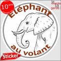 sticker rond "Eléphant au volant" humour absurde 14 cm