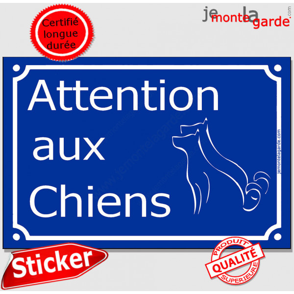Panneau Sticker autocollant adhésif Portail pluriel "Attention aux Chiens" plaque Rue bien bleu plusieurs chiens