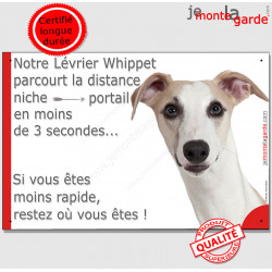 Lévrier Whippet fauve, plaque humour "parcourt Distance Niche - Portail" pancarte panneau attention au Chien drôle beige sable