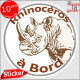 sticker rond "Rhinocéros à Bord" humour absurde voiture remorque photo tête Disque autocollant adhésif marrant brute