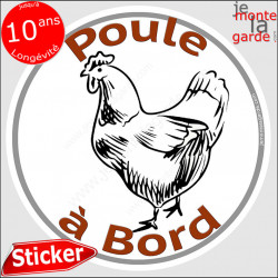 sticker rond "Poule à Bord" humour absurde 14 cm
