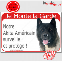 Akita Américain USA tête, plaque portail rouge "Je Monte la Garde, surveille protège" pancarte panneau photo