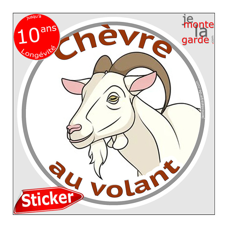 sticker rond "Chèvre au volant" humour absurde voiture remorque photo tête Disque autocollant adhésif femme