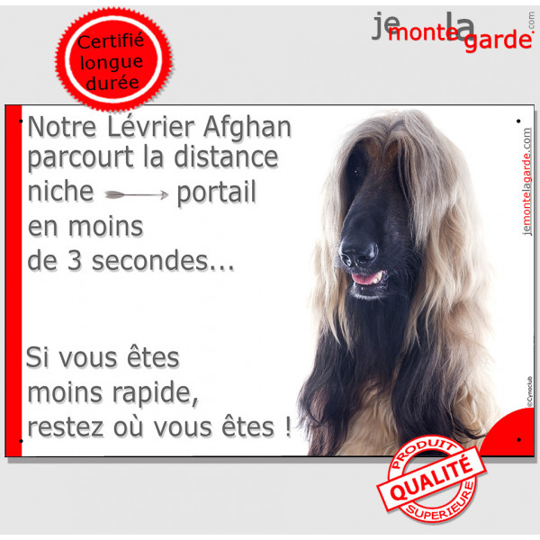 Lévrier Afghan fauve masque noir, plaque humour "parcourt distance Niche - Portail moins 3 secondes !" photo, résiste pluie sole Lévrier Afghan fauve masque noir, plaque humour "parcourt distance Niche - Portail moins 3 secondes !" photo, résiste pluie sole