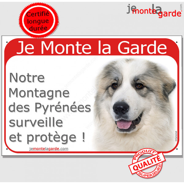 Montagne des Pyrénées tête, plaque portail rouge "Je Monte la Garde, surveille protège" 24 cm, pancarte panneau photo