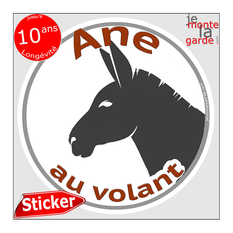 sticker rond "Ane au volant" humour absurde voiture remorque photo tête Disque autocollant adhésif andouille homme
