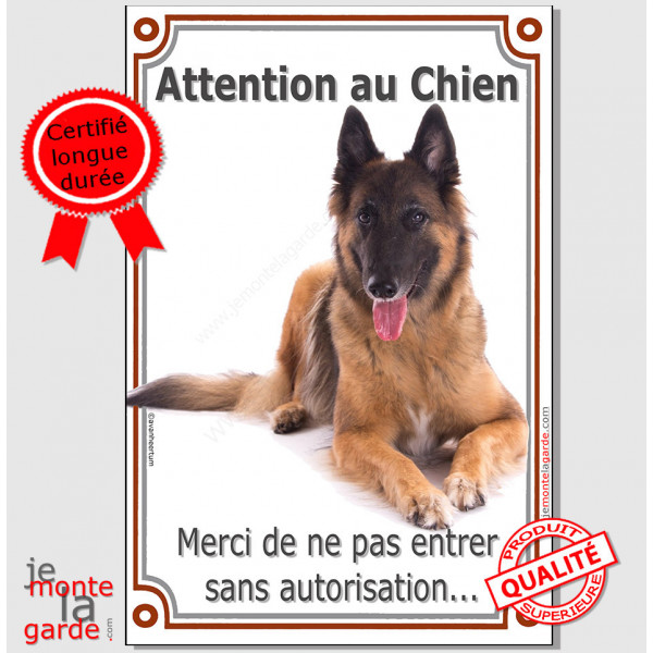 Berger Belge Tervueren, plaque portail "Attention au Chien, interdit sans autorisation" verticale, pancarte panneau photo