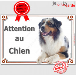 Berger Australien bleu merle, plaque portail "Attention au Chien" pancarte panneau photo aussie couché