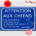 Plaque portail bleue pluriel "Attention aux Chiens, Jetez-vous au sol !" 24 cm