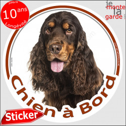 Cocker Anglais Spaniel chocolat marron et feu, sticker autocollant rond "Chien à Bord" Disque adhésif vitre voiture photo