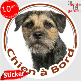 Border Terrier Tête, sticker autocollant rond "Chien à Bord" adhésif photo vitre voiture auto, résiste pluie soleil gel, idée ca
