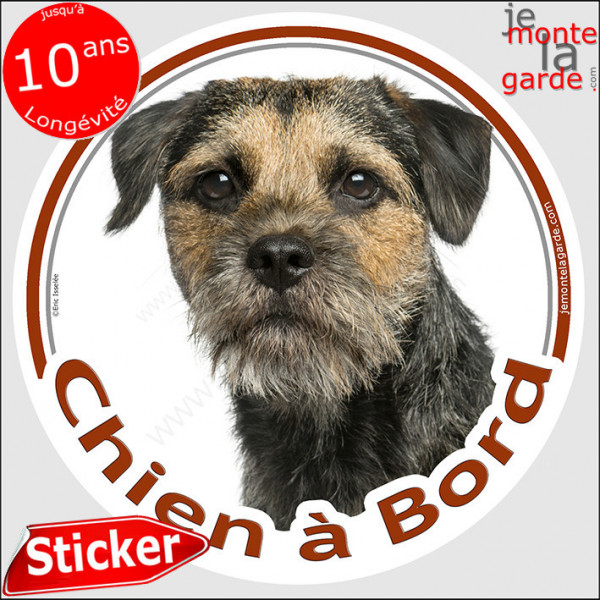 Border Terrier Tête, sticker autocollant rond "Chien à Bord" adhésif photo vitre voiture auto