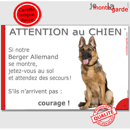 Berger Allemand noir et feu poils courts assis, plaque portail humour photo "Attention au Chien, Jetez Vous au Sol" 2 tailles D