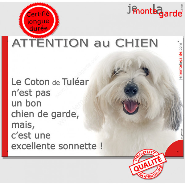 Plaque portail humour "Attention au Chien, notre Coton de Tuléar est une sonnette" photo pancarte drôle jappe aboie