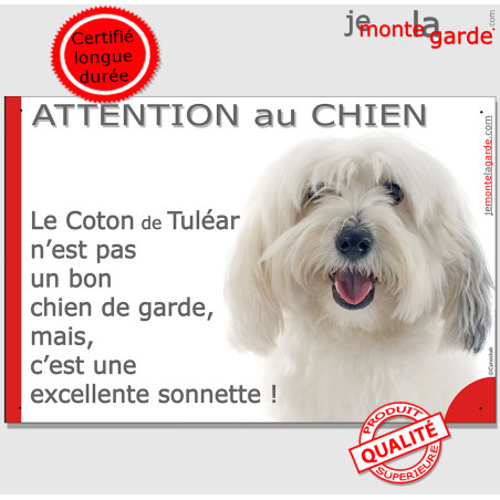Plaque portail humour "Attention au Chien, notre Coton de Tuléar est une sonnette" photo pancarte drôle jappe aboie