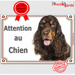 Cocker Anglais Spaniel marron chocolat et feu, plaque portail "Attention au Chien" panneau pancarte affiche photo