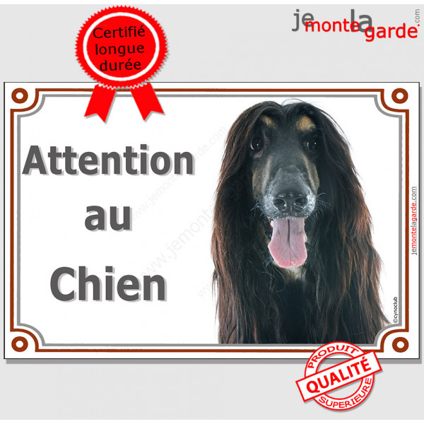 Lévrier Afghan noir et feu, plaque portail "Attention au Chien" pancarte panneau photo