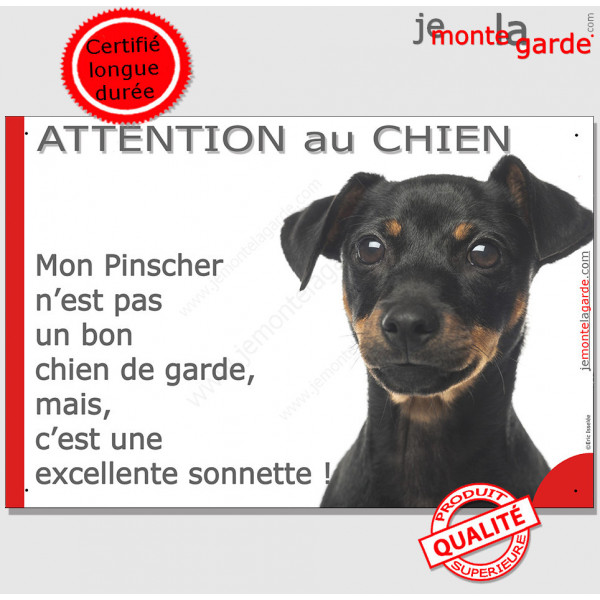 Plaque portail humour "Attention au Chien, notre gardien Pinsher noir et feu est une sonnette" Pancarte drôle photo