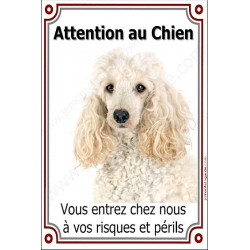 Caniche Blanc, plaque portail verticale "Attention au Chien" 24 cm VL