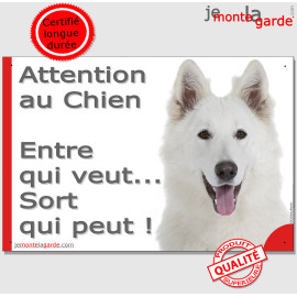Plaque portail humour Berger Blanc Suisse "Attention au Chien, Entre qui veut... Sort qui peut !" photo résiste pluie soleil ge