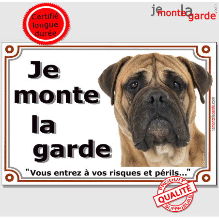 Bullmastiff fauve, plaque portail "Je Monte la Garde, risques périls" 24 cm LUX Bullmastiff fauve, plaque portail "Je Monte la Garde, risques périls" 24 cm LUX