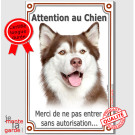 Husky Marron, plaque verticale portail "Attention au Chien, merci de ne pas entrer sans autorisation" photo, résiste pluie solei