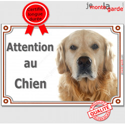 Golden Retriever tête, plaque portail "Attention au Chien" pancarte photo entrée, panneau rue race porte