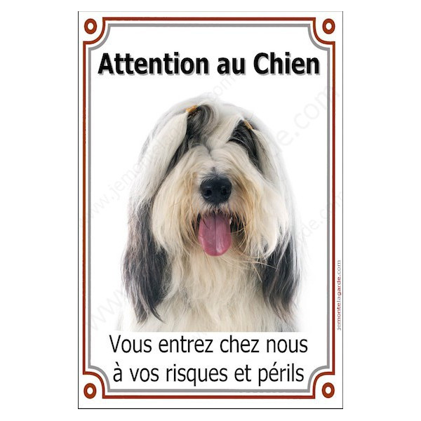 Bearded Collie Tête, plaque portail verticale "Attention au Chien risques périls" pancarte, affiche panneau photo