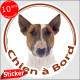 Bull Terrier fauve et blanc, sticker autocollant rond "Chien à Bord" Disque adhésif photo vitre voiture auto