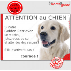 Golden Retriever, plaque portail humour "Attention au Chien, Jetez Vous au Sol, attendez secours, courage" pancarte drôle photo 