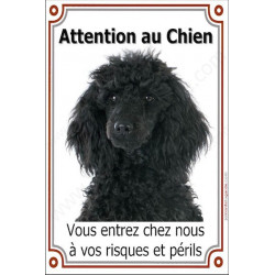 Caniche Noir Tête, Plaque Portail verticale "Attention au Chien, risques périls" pancarte, affiche panneau photo