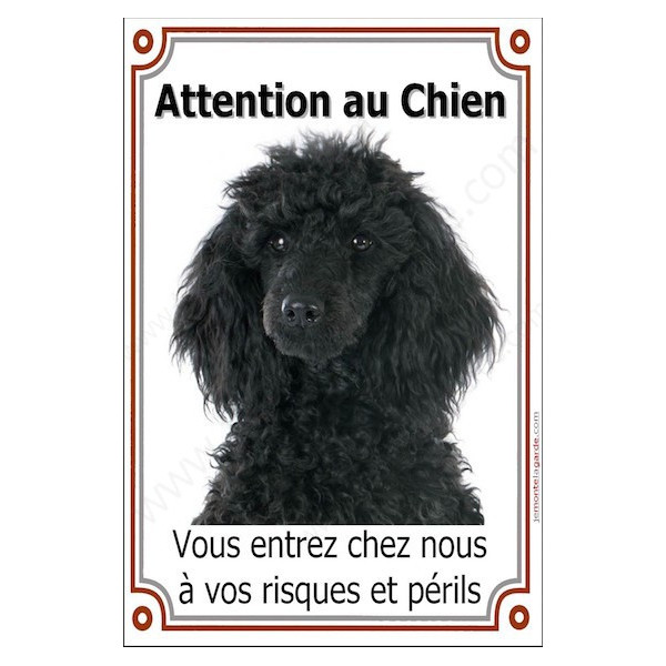 Caniche Noir Tête, Plaque Portail verticale "Attention au Chien, risques périls" pancarte, affiche panneau photo