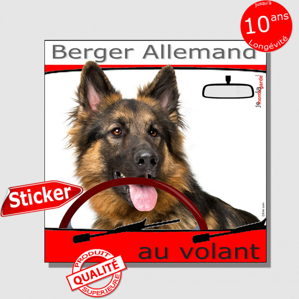 "Berger Allemand au volant" panneau autocollant humoristique voiture photo sticker BA poils longs noir et feu chien à bord