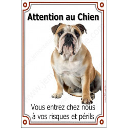 Bulldog Anglais, plaque portail verticale "Attention au Chien" 24 cm VL