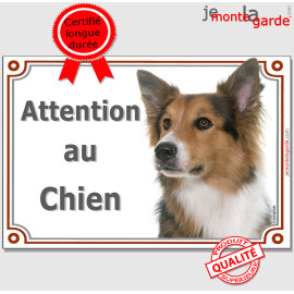 Border Collie tricolore poils longs, plaque "Attention au Chien" photo race, résiste pluie soleil gel, idée cadeau