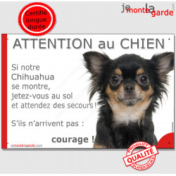 Chihuahua noir et feu poils longs, plaque portail humour "Attention au Chien, Jetez Vous au Sol, attendez secours, courage"