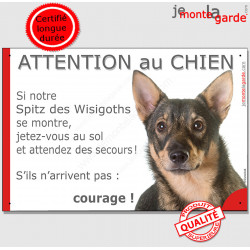 Spitz des Wisigoths, plaque portail humour "Attention au Chien, Jetez Vous au Sol, attendez secours, courage" pancarte photo