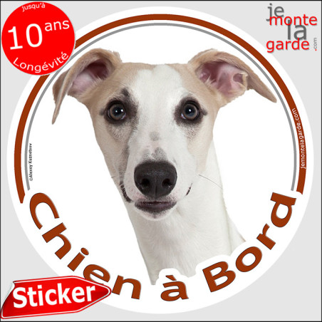 Lévrier Whippet fauve, sticker voiture rond photo "Chien à Bord" résiste pluie soleil gel, idée cadeau, 2 Tailles D