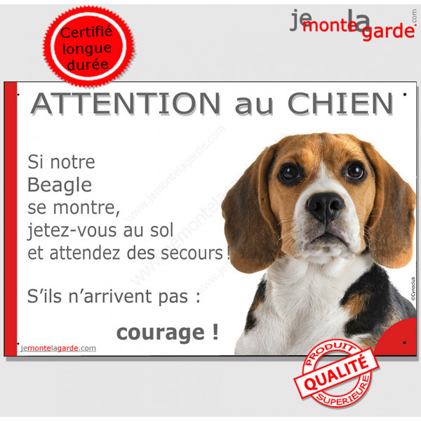 Beagle tricolore, plaque portail humour "Attention au Chien, Jetez Vous au Sol, courage" pancarte drôle panneau photo marrant