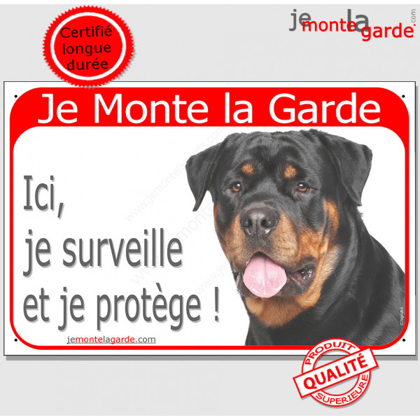 Rottweiler Buste, Panneau Portail Rouge "Je Monte la Garde, surveille et protège" affiche plaque photo Rott, attention au chien