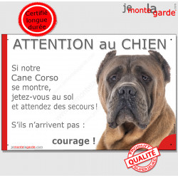 Cane Corso fauve marron, plaque humour "Attention au Chien, se montre, jetez-vous sol et attendez secours photo oreilles coupées