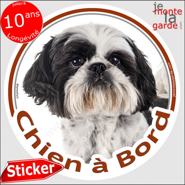 Shih-tzu noir et blanc, sticker autocollant rond "Chien à Bord" Disque adhésif photo vitre voiture