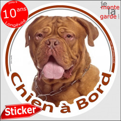 Dogue de Bordeaux à face rouge, sticker autocollant rond "Chien à Bord" Disque adhésif vitre voiture chien