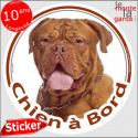 Dogue Bordeaux face rouge, sticker voiture rond "Chien à Bord" 14 cm