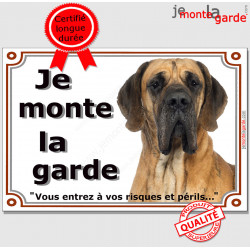 Dogue Allemand fauve, plaque portail "Je Monte la Garde, risques périls" pancarte panneau photo Danois marron